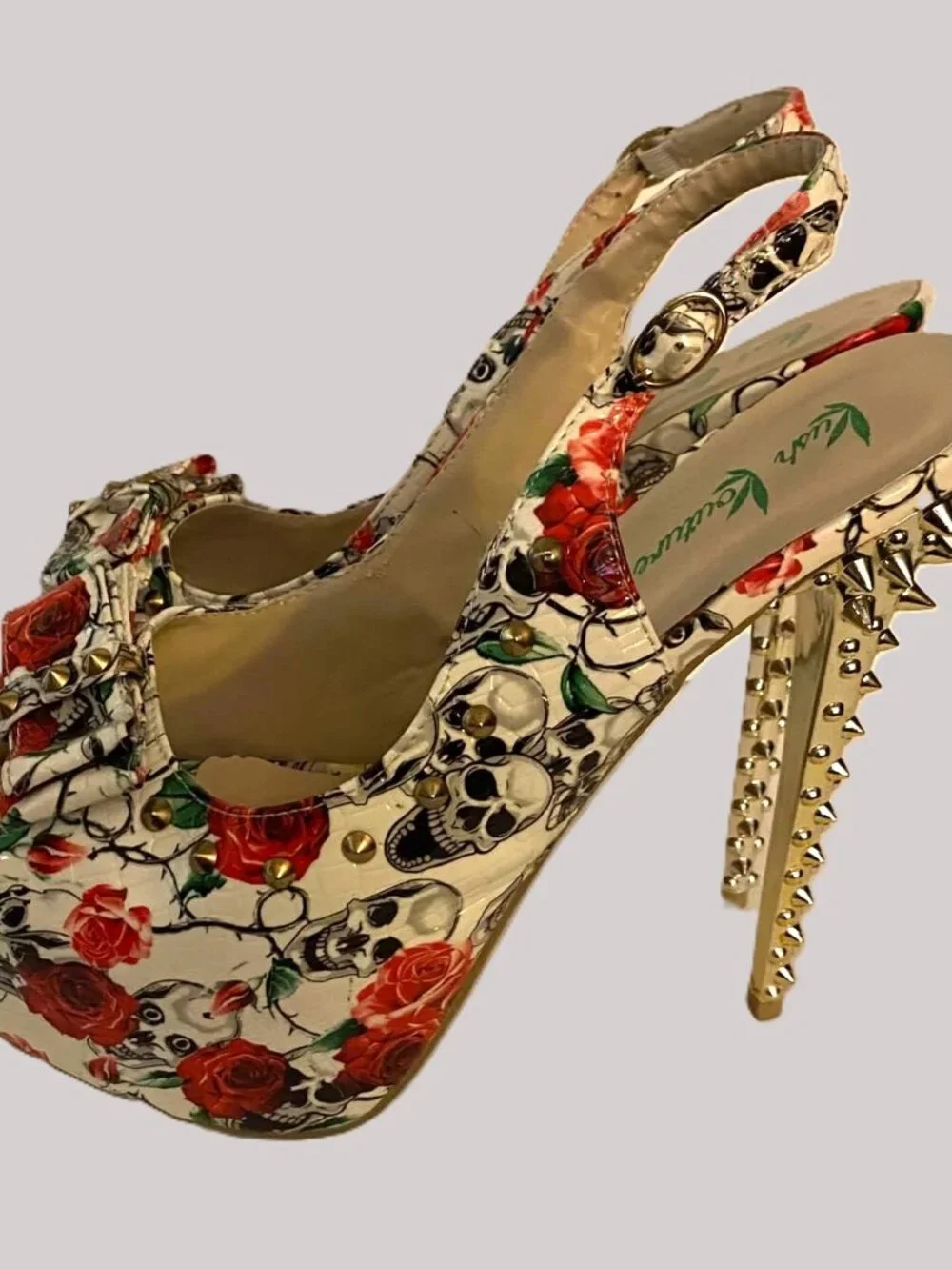 Kush Kouture Gothic Skull Rose Platform Pumps Spiked Heel Slingback Size 11